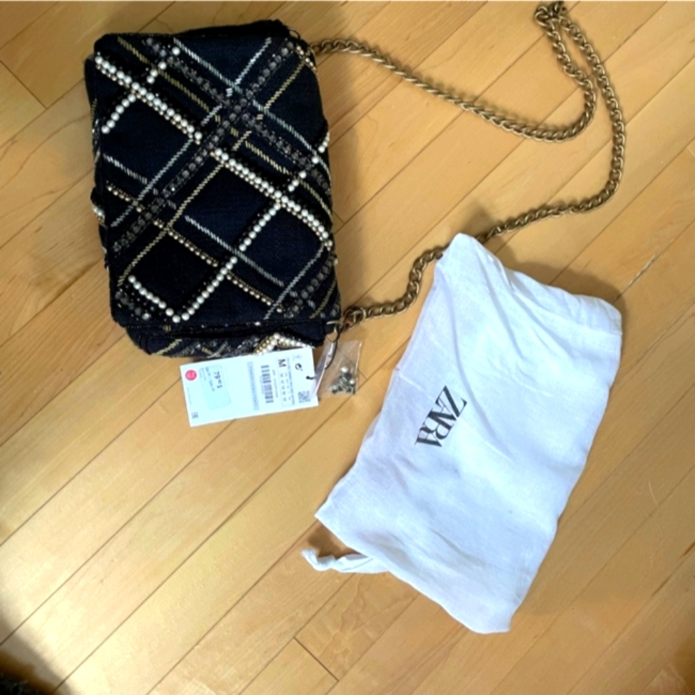 NWT Zara Embellished Evening Bag Black Gold Pearl Purse - Picture 2 of 6